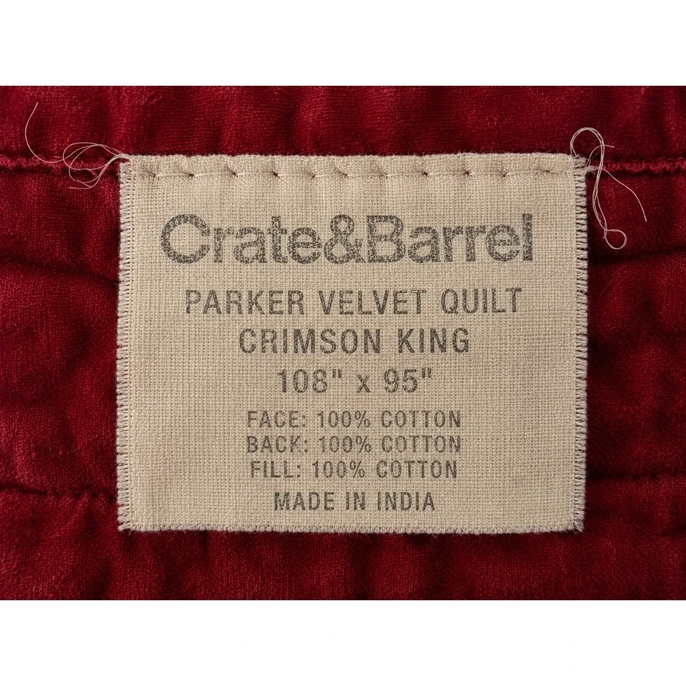 Crate & Barrel Parker Velvet Quilt Set King Crimson Red Pick-Stitch Excellent
